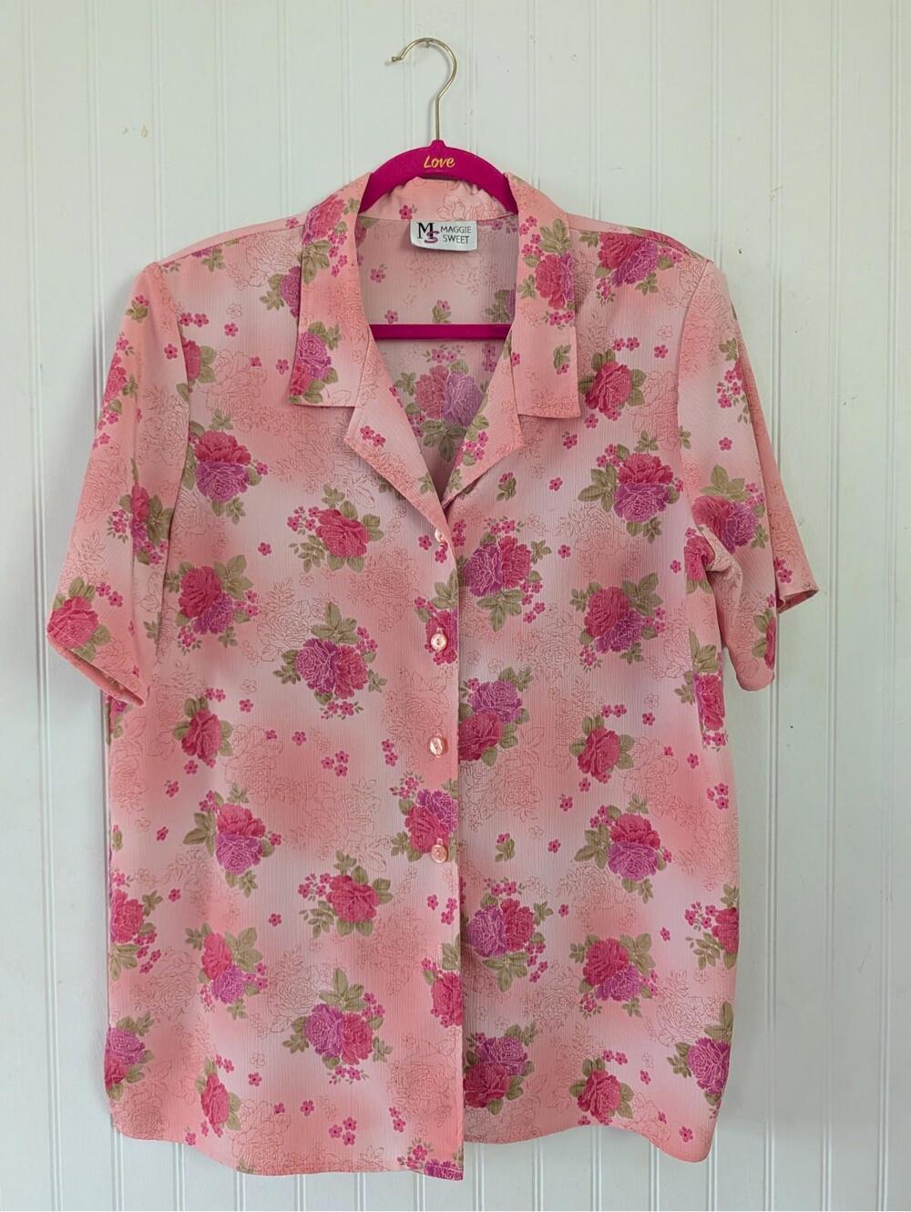 Maggie Sweet Women's Button On Blouse Short Sleeve Floral Multicolor Size L Pink